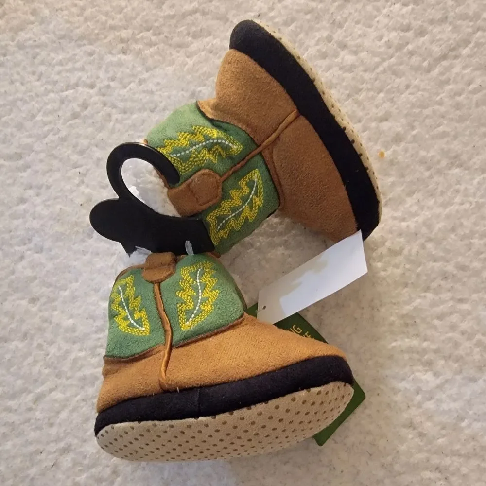🆕️🎿John Deere Infant Cowboy Boots Booties, Sz 3/4, Green/Tan